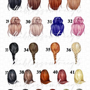 May include: Illustration of various hairstyles in different colors, including buns and braids. The image features a range of hair colors, from black and brown to blonde and pink. The numbers 25-47 are printed above each hairstyle.
