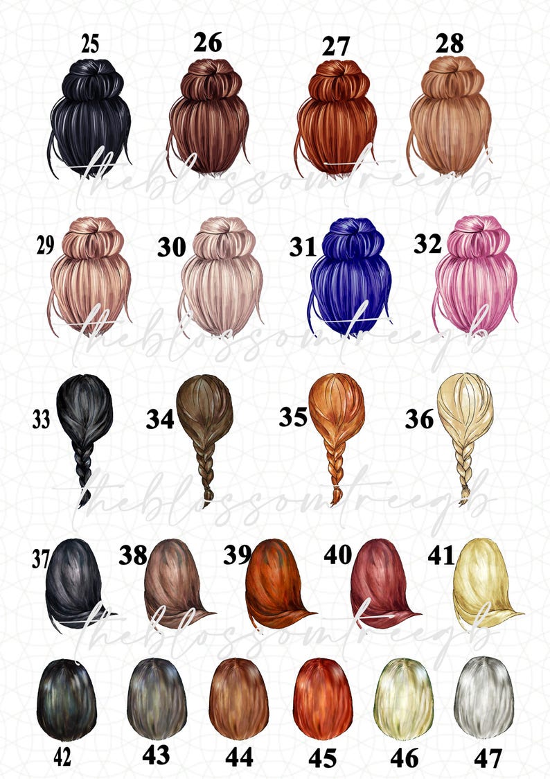 May include: Illustration of various hairstyles in different colors, including buns and braids. The image features a range of hair colors, from black and brown to blonde and pink. The numbers 25-47 are printed above each hairstyle.