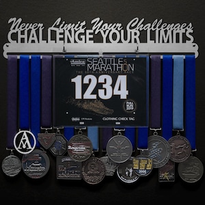 Never Limit Your Challenges, Challenge Your Limits Bib Display - BIB + Medals - Display Your Bibs With Your Medals!