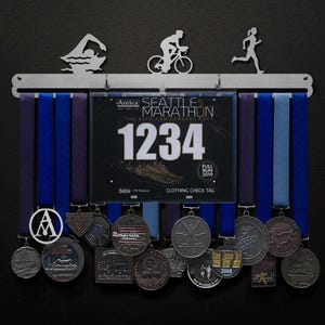 Triathlon Figures - No Text - Male, Female, or Stylized figures - BIB + Medals - Display Your Bibs With Your Medals!