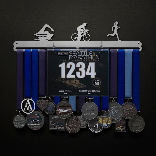 Triathlon Figures - No Text - Male, Female, or Stylized figures - BIB + Medals - Display Your Bibs With Your Medals!