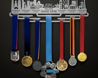 Custom! World Marathon Majors - Cityscape Edition - With Finish Dates, Times, and Your name!  - Allied Medal Hanger Holder Display Rack