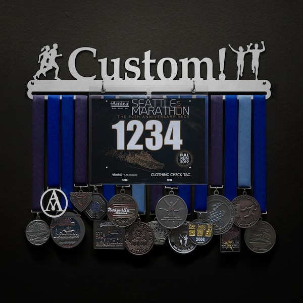 Custom Bib and Medal Display With One Line Of Text - BIB + Medals - Display Your Bibs With Your Medals!