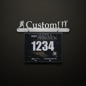 Custom Bib Display With One Line Of Text - BIB Hanger - Display Your Racing Bibs!