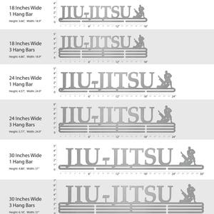 May include: A silver metal Jiu-Jitsu medal display with the words "JIU-JITSU" in large letters. The display has multiple hanging bars for medals and is available in various sizes: 18 inches wide, 24 inches wide, and 30 inches wide. Each size is shown with 1 or 3 hanging bars.