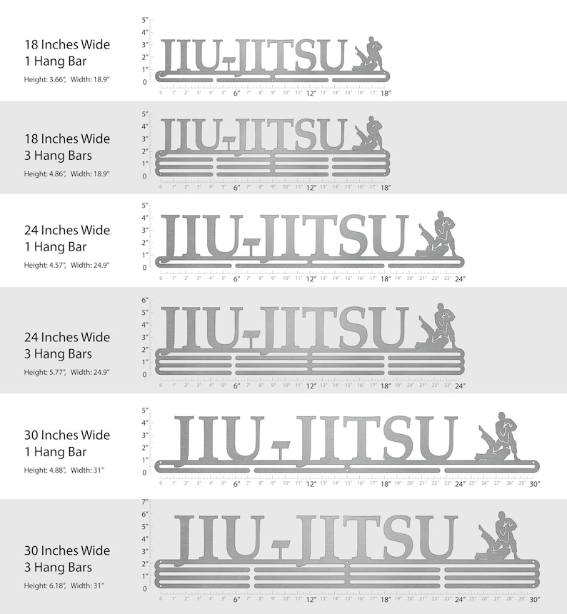 May include: A silver metal Jiu-Jitsu medal display with the words "JIU-JITSU" in large letters. The display has multiple hanging bars for medals and is available in various sizes: 18 inches wide, 24 inches wide, and 30 inches wide. Each size is shown with 1 or 3 hanging bars.