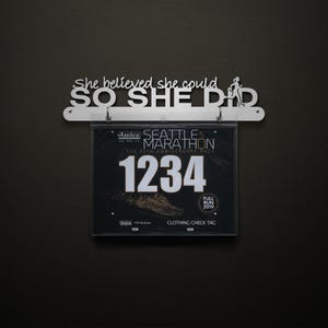 She Believed She Could So She Did Bib Display w/ female runner OR walker figure - BIB Hanger - Display Your Racing Bibs!