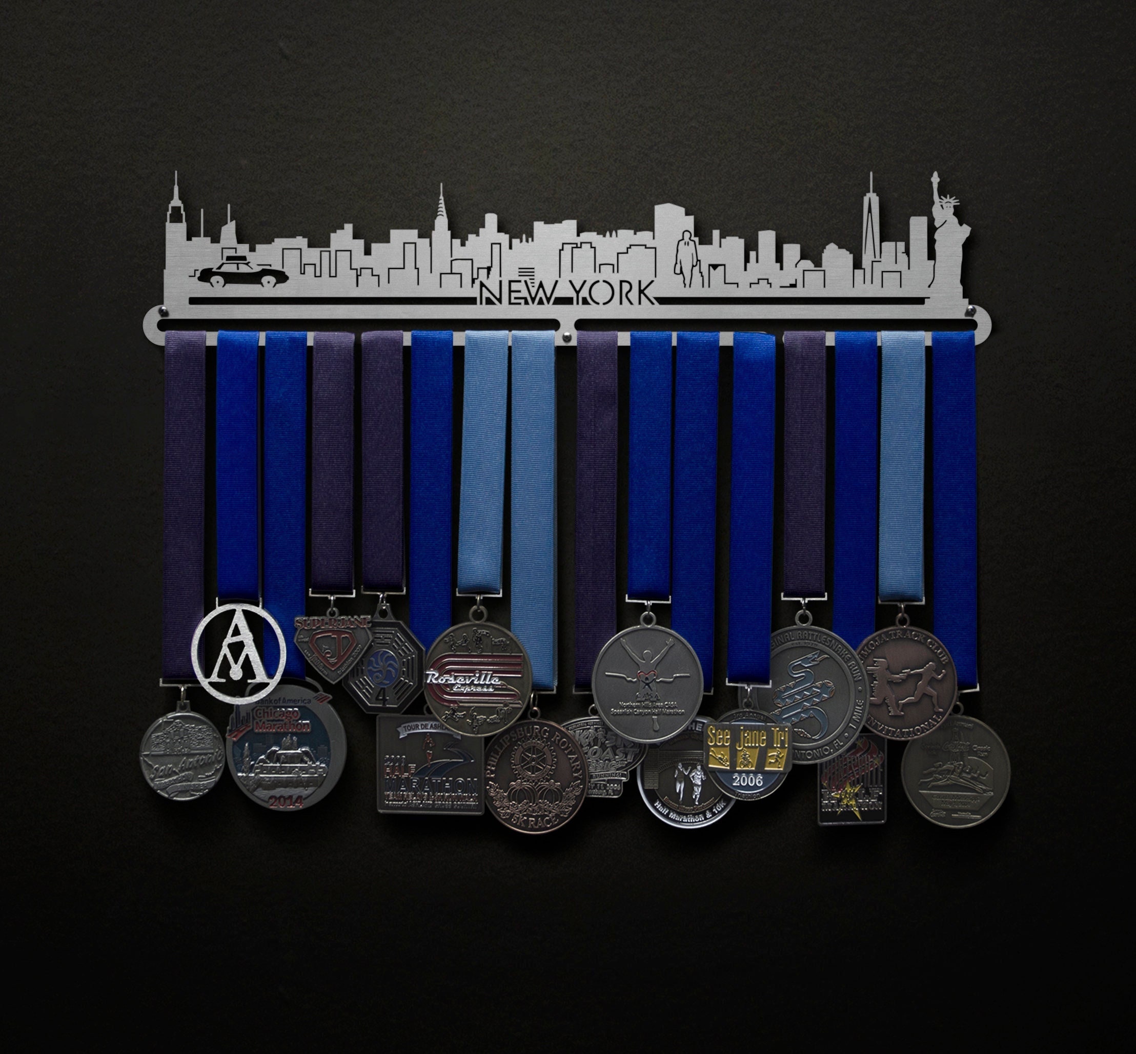 iBobbish Sports Marathon Medal Display Hanger Holder Racks Frame in matt Black Surface Wall Mount Over 40 Medals Upgraded 3 Lines with 3 Screws Easy to Install Easy to use 