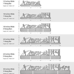 Puede incluir: Un diagrama que muestra cinco tama&ntilde;os diferentes de soportes para exhibir medallas con diferentes n&uacute;meros de barras de suspensi&oacute;n. Los soportes est&aacute;n hechos de metal y presentan una silueta de atletas que participan en varios deportes. Los soportes est&aacute;n etiquetados con su ancho en pulgadas y el n&uacute;mero de barras de suspensi&oacute;n. Las medidas de cada soporte tambi&eacute;n se enumeran en pulgadas.