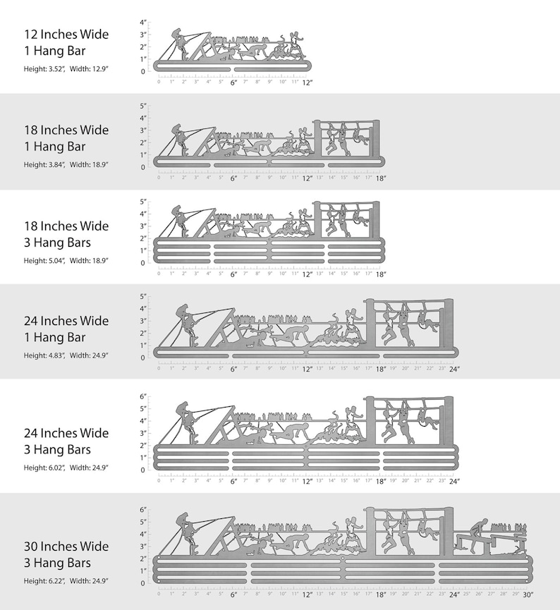 Puede incluir: Un diagrama que muestra cinco tama&ntilde;os diferentes de soportes para exhibir medallas con diferentes n&uacute;meros de barras de suspensi&oacute;n. Los soportes est&aacute;n hechos de metal y presentan una silueta de atletas que participan en varios deportes. Los soportes est&aacute;n etiquetados con su ancho en pulgadas y el n&uacute;mero de barras de suspensi&oacute;n. Las medidas de cada soporte tambi&eacute;n se enumeran en pulgadas.