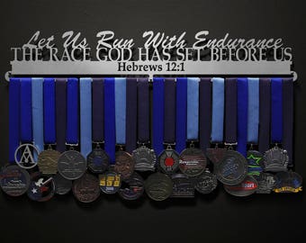 Hebrews 12:1 - Bible Verse - Let Us Run With Endurance - Allied Medal Hanger Holder Display Rack