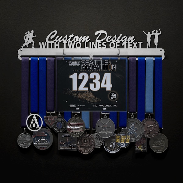 Custom Bib Display With Two Lines Of Text - BIB + Medals - Display Your Bibs With Your Medals!