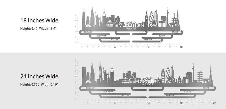 May include: A silver metal medal display hanger featuring the World Marathon Majors skyline silhouette. The design includes the text World Marathon Majors and city names Chicago, New York, Boston, London, Berlin, and Tokyo. Available in 45.7 cm and 63.2 cm widths.