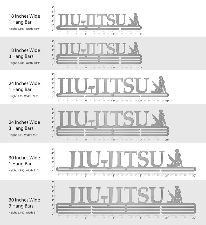 May include: A silver metal Jiu-Jitsu medal display rack with a silhouette of a person practicing Jiu-Jitsu. The rack is available in 18, 24, and 30 inch widths and with 1 or 3 hang bars. The rack is shown with a ruler for size reference.