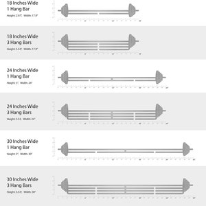 May include: A diagram showing different sizes of metal hang bars for a gym or home workout space. The bars are 18, 24, and 30 inches wide and come in 1 or 3 bar configurations. The diagram includes measurements in inches.