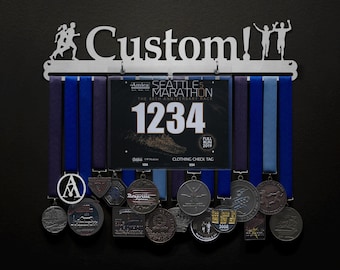 Custom Bib and Medal Display With One Line Of Text - BIB + Medals - Display Your Bibs With Your Medals!