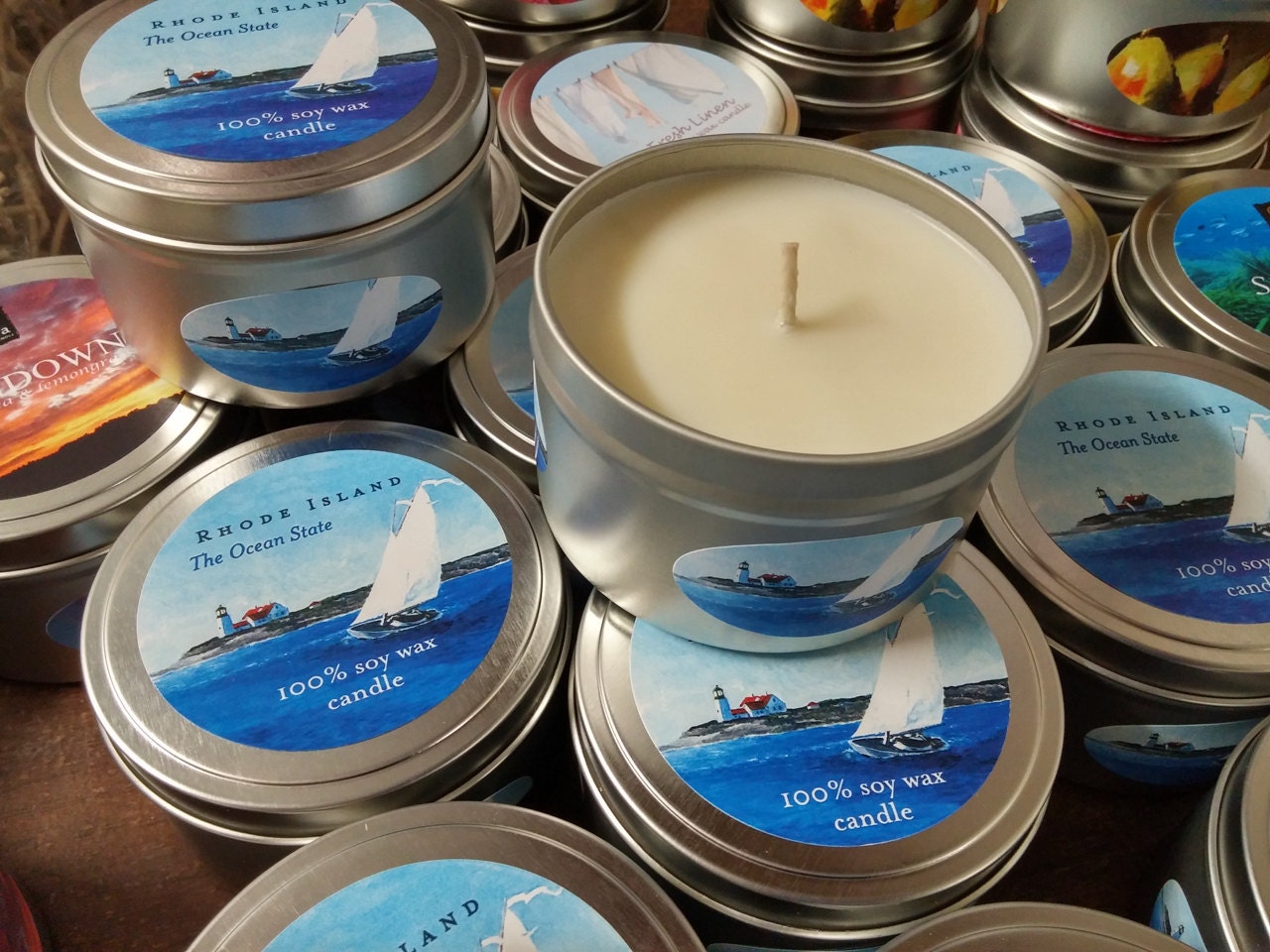 8 Oz. Rhode Island the Ocean State Candle Tin Scented 100 Soy Wax
