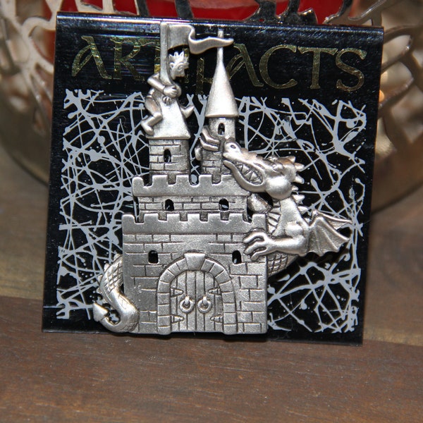 JJ Jonette Pin Castle with Dragon Funny Pin Vintage New from the 1990's Great Gift Pewter brooch Unique Rare great for any Collector