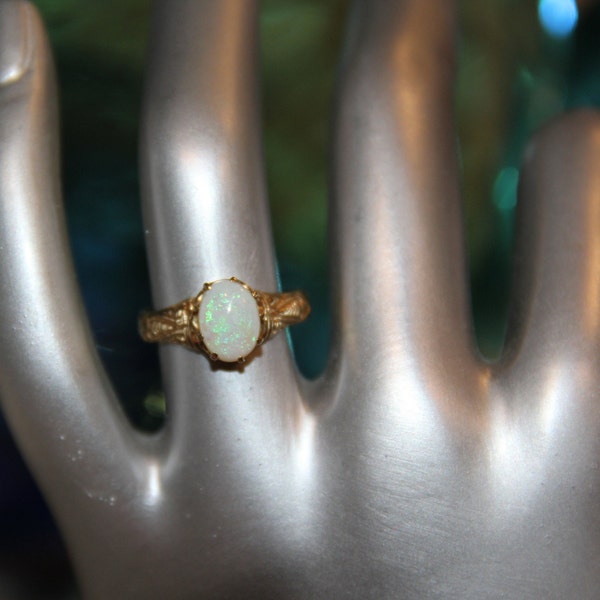 14K Gold Opal ring size 5 vintage New solid gold very detailed Natural stone 1990s jewelry Classic ladies ring Opal October birthstone