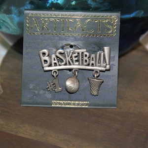 JJ Jonette Basket Ball Pin/brooch with a ball hoop and # 1 dangling vintage new from the 1990s pewter great collector gift basketball lover