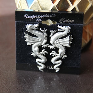 JJ Jonette Signed Vintage Artifacts Dragon Earrings Pewter Vintage New RARE Post earrings 1990&#39;s Flying Dragon Lover of Mystical Creatures