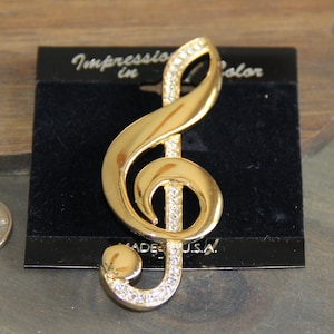 JJ Jonette Music Note Goldton Vintage aus den 1980er Jahren Neue Rare Einzigartige große Musik-Liebhaber-Geschenk-Weihnachtsjeans-Jacke Pin Brosche Vintage