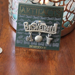 JJ Jonette Pewter Basketball pin #1 Hoop and Ball dangle from the Basketball pin Fun for any basketball fan Jacket pin Brooch Vintage New