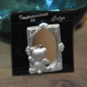 JJ Jonette  Teddy Bear Pin/brooch Pewter Vintage New from 1990&#39;s signed Teddy bear looking at his reflection in mirror teddy collector gift