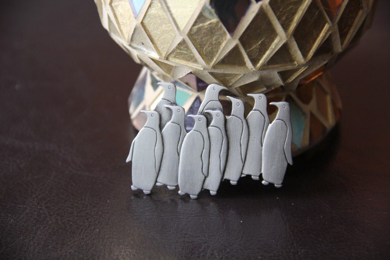 JJ Jonette Vintage Signed Artifacts Group of Penguins Pewter Brooch Pin New Unique Valentines Day Gift