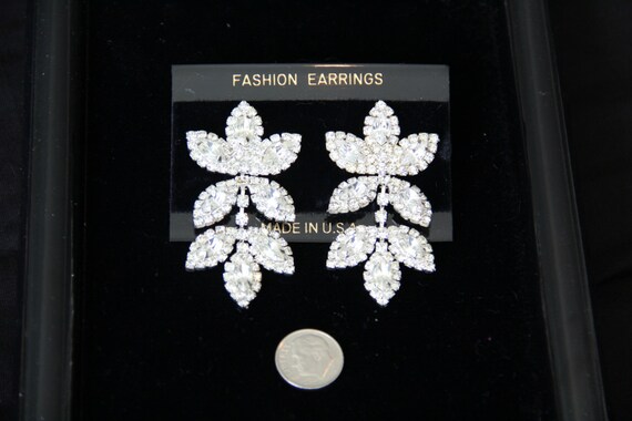 Rhinestone Dangle Leaf Stud Earrings Vintage 1980… - image 2