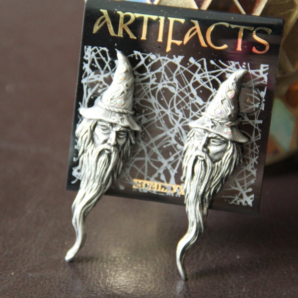 JJ Jonette Artifacts Rare Signed Vintage MERLIN the Magician Sorcerer Earrings Mystical Pewter New Valentines Day Gift Wizard Earrings