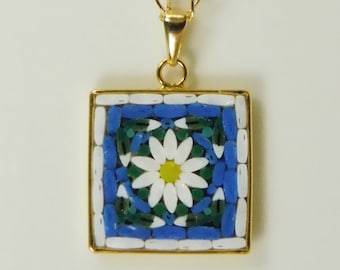 Micro mosaic necklace - daisy on blue background