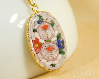 Micro mosaic necklace and pendant - roses on pink background