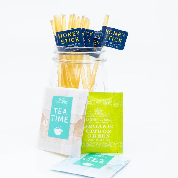 Tea and Honey Gift - Honey Straws, Honey Stick Favor, Food Basket Gift, Treat Gift Box Ideas, Build a Gift Box, Party Favors, Hospital Gift