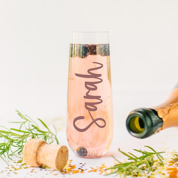 Rose Gold Bridesmaid Champagne Flutes, Bridesmaid Gift, Personalized Champagne Flute, Bridesmaid Proposal, Glass Champagne Flute