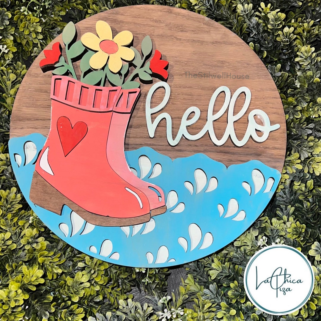 Rain Boots Hello - Round Wood Door Sign | Hanger | Chicatiza - Etsy