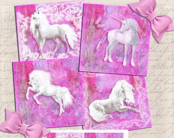 Einhorn, Pink,Quadrate,druckbare Bilder,Wanddekor,Märchen, Fabelwesen,verschieden Größen, Set,Magnete, Untersetzer, Wandbilder,decoupage,DIY