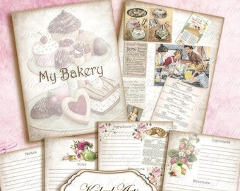 Bakery, baking, baking book, vintage, shabby chic, victorian, baking recipes, recipe cards,cakes, pies, cupcakes, muffiins,journal,printable