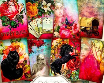 Alma cigana, imprimível, ATC, B6, digital, coisas efêmeras, vintage, shabby chic, colagem, download digital, cartões, páginas de diário, álbum de recortes, clipart, planejador,