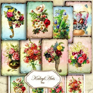 Bouquet, bouquet, ATC vintage, floreale, stampabile, collage vintage, shabby chic, cornucopia, album, portagioielli, carta collezionabile, arte, deco