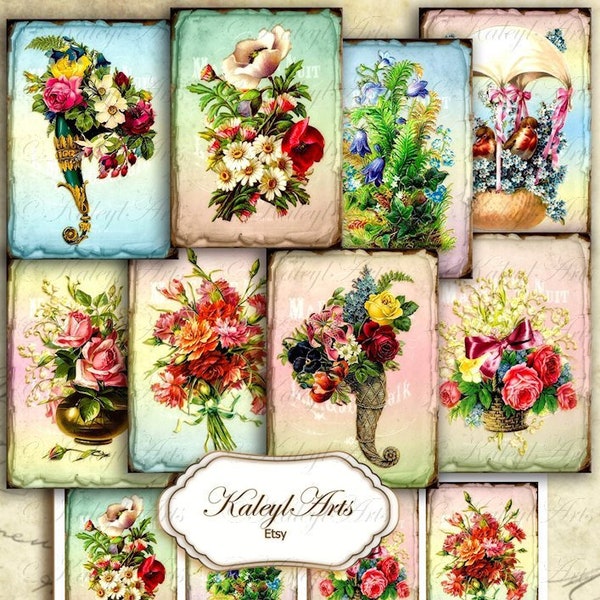 Bouquet, vintage ATC, Floral, Printable, Vintage collage, shabby chic, cornucopia, scrapbook, jewelry holder, collectible, art, deco