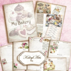 Bakery, baking, baking book, vintage, shabby chic, victorian, baking recipes, recipe cards,cakes, pies, cupcakes, muffiins,journal,printable