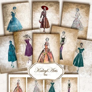 Puede incluir: Una hoja de collage digital con 12 ilustraciones vintage de mujeres con vestidos. Las ilustraciones son de varios colores, incluyendo azul verdoso, morado, rojo y verde. El fondo es un papel texturizado de estilo vintage.