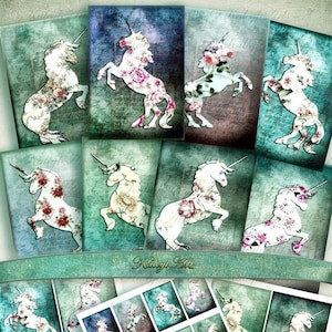 Unicorn, fantasy, ATC, decoupage, card, journal, fairytale, printable, mythical creature, scrapbook, jewelery box, display, collage,fairies