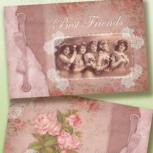 May include: A vintage-style scrapbook with a pink and white lace design. The front cover features a photo of five women in dresses, with the text "Best Friends" above them. The back cover features a floral design with pink roses and white lace.