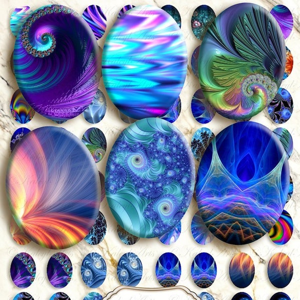 printable, blue, fractal, design , oval 30 x 40 mm images, oval 18x25mm, for pendants, magnets,bezel,settings,charm,earrings,rings,jewelry