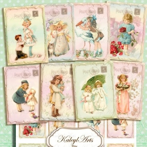 collage vintage imprimible, invitación, niños, B6, ATC, tarjetas de felicitación, tarjetas coleccionables, nostálgico, victoriano, tarjeta de carta, diario, álbum de recortes, epherma