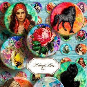 Gypsy, Boho, imprimible, círculos, cabujón, pegatinas, digital, resina de vidrio, joyería colgante, espejo de bolsillo, imanes, papel, diario, vintage,