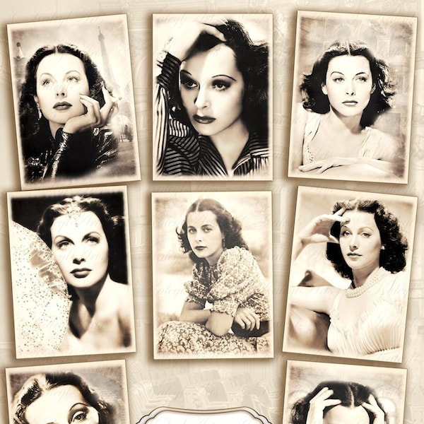 druckbar,ATC,B6,Vintage,Hedy Lamarr,Schauspielerin,Erfinderin,Sammelkarten,viktorianisch,Briefkarte,journal,scrapbook,ephemera,Schönheit,