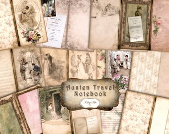 Jane Austen, printable, travel notebook, journal, junk journal ,diary, with embellishments, pockets, bookmarks, labels, vintage, KaleylArts